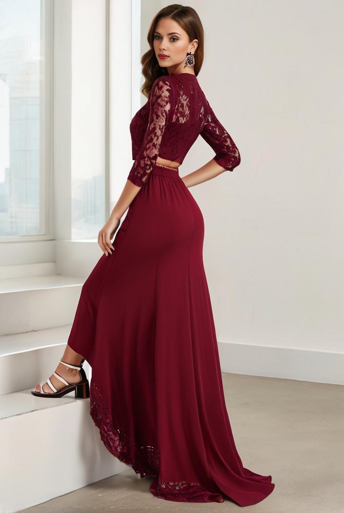 3 4 sleeve sheer sequin stripe high low hem evening dress 123643