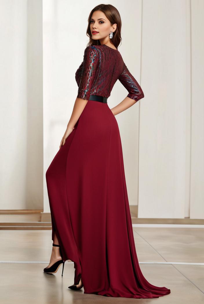 3 4 sleeve sheer sequin stripe high low hem evening dress 123647