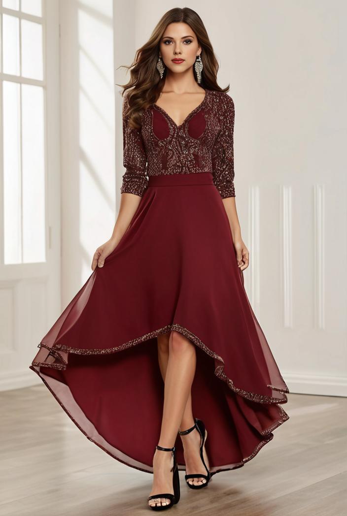 3 4 sleeve sheer sequin stripe high low hem evening dress 123657