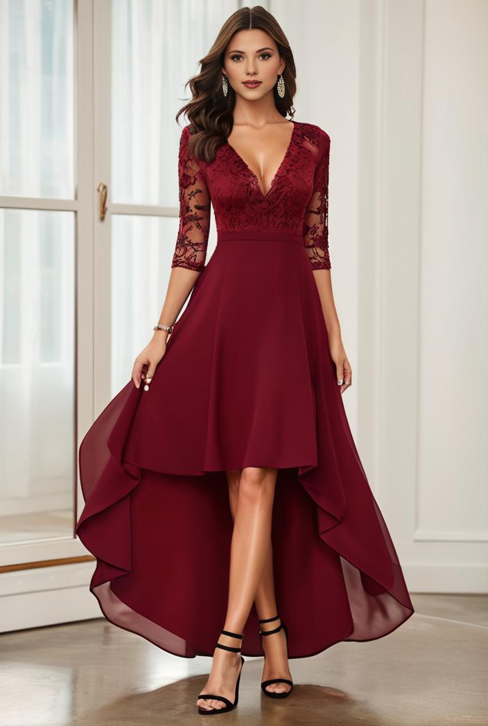 3 4 sleeve sheer sequin stripe high low hem evening dress 123660