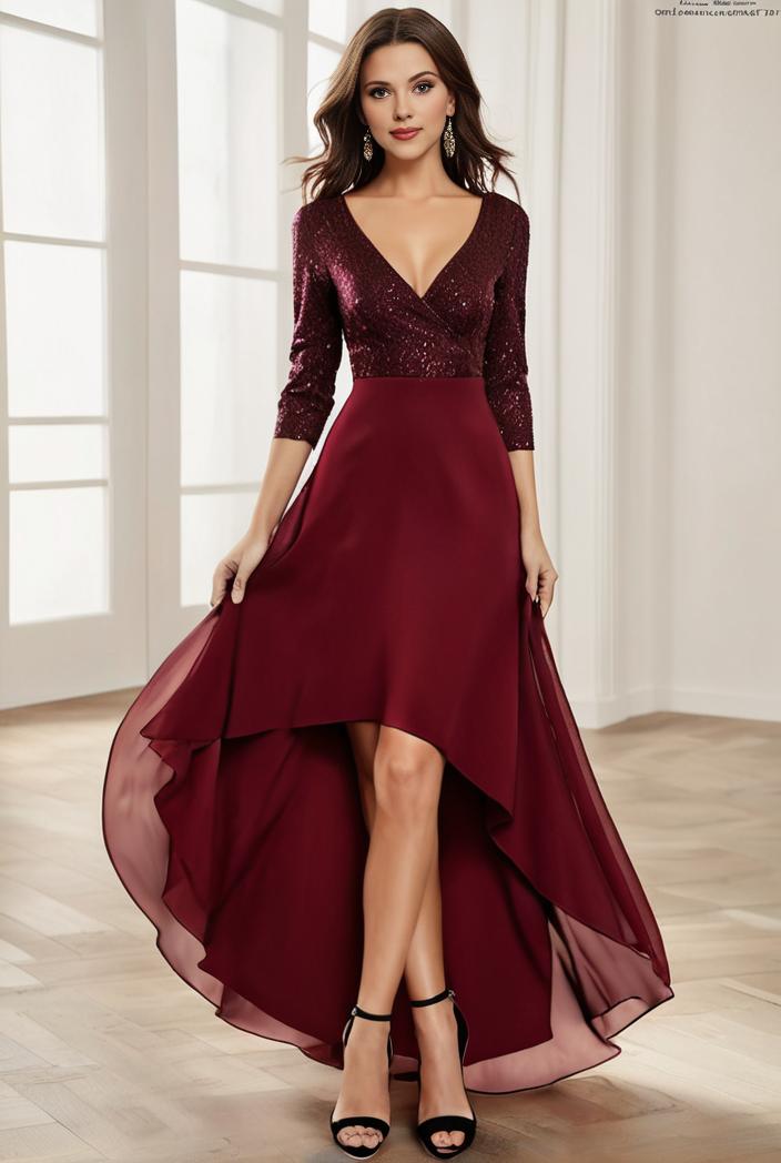 3 4 sleeve sheer sequin stripe high low hem evening dress 123662