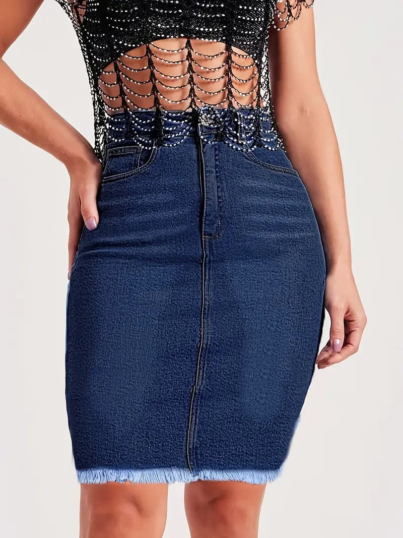 Slim Fit Dark Blue Denim Skirt with Raw Hem for Women