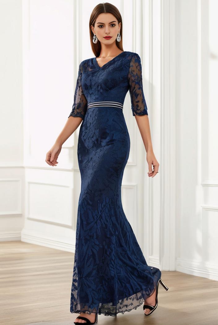 3 4 sleeve bodycon plunging back sequin evening dress 132158