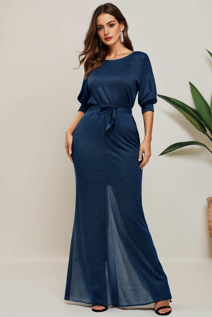 3 4 sleeve bodycon plunging back sequin evening dress 132168