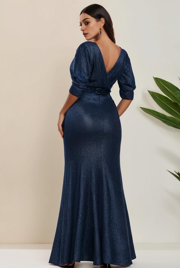 3 4 sleeve bodycon plunging back sequin evening dress 132182