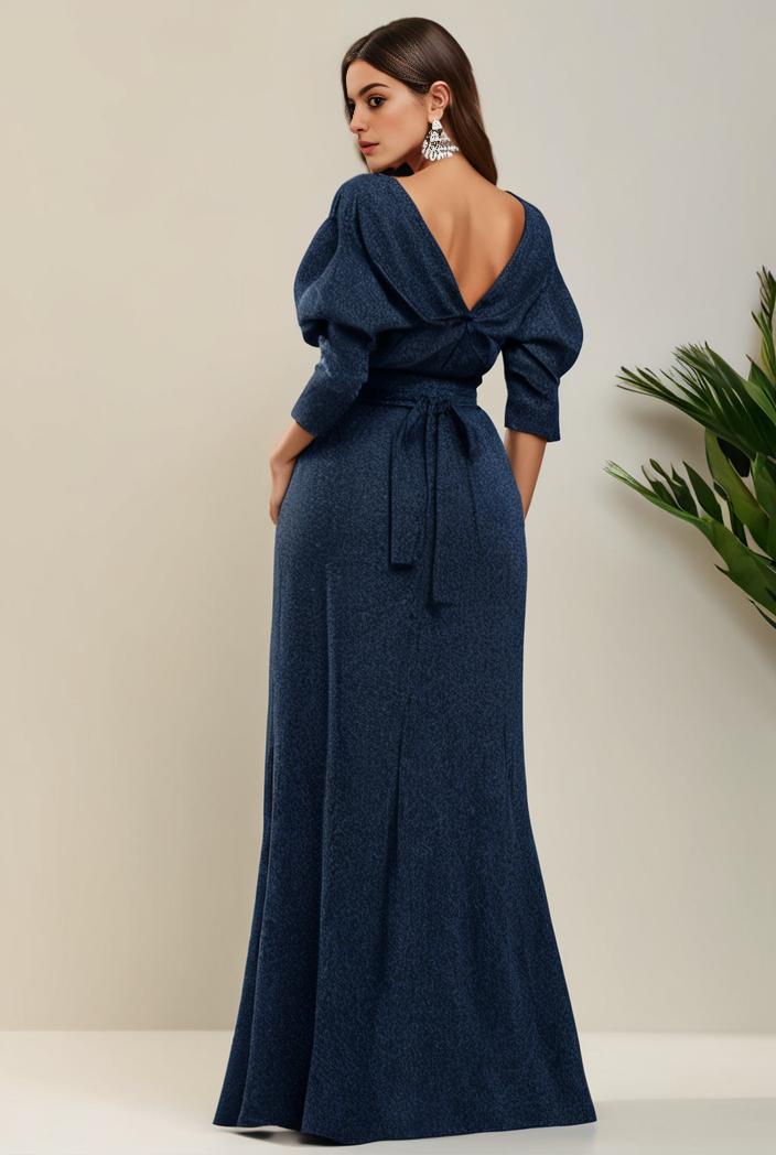 3 4 sleeve bodycon plunging back sequin evening dress 132183