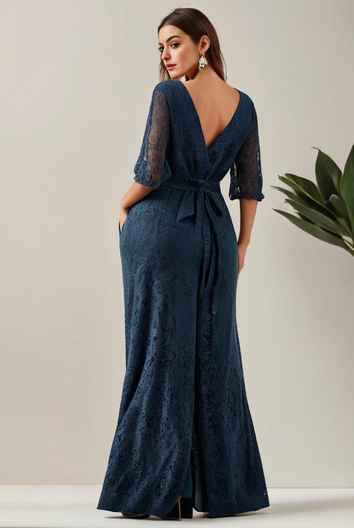 3 4 sleeve bodycon plunging back sequin evening dress 132186