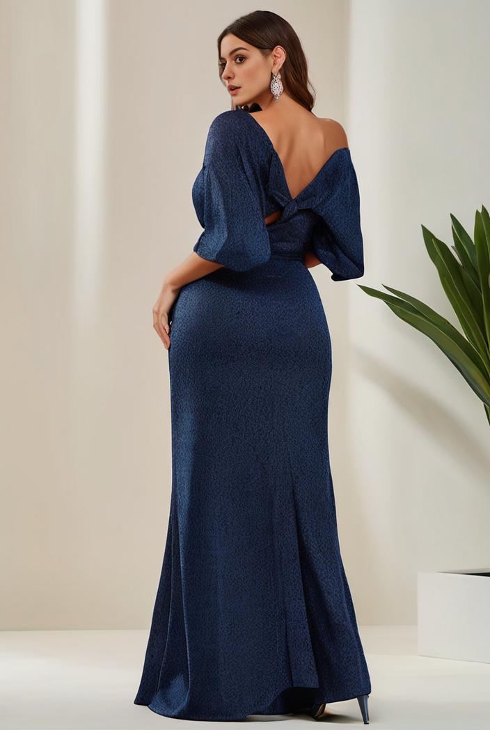 3 4 sleeve bodycon plunging back sequin evening dress 132187