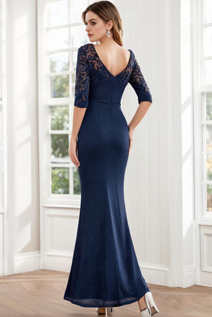 3 4 sleeve bodycon plunging back sequin evening dress 132192