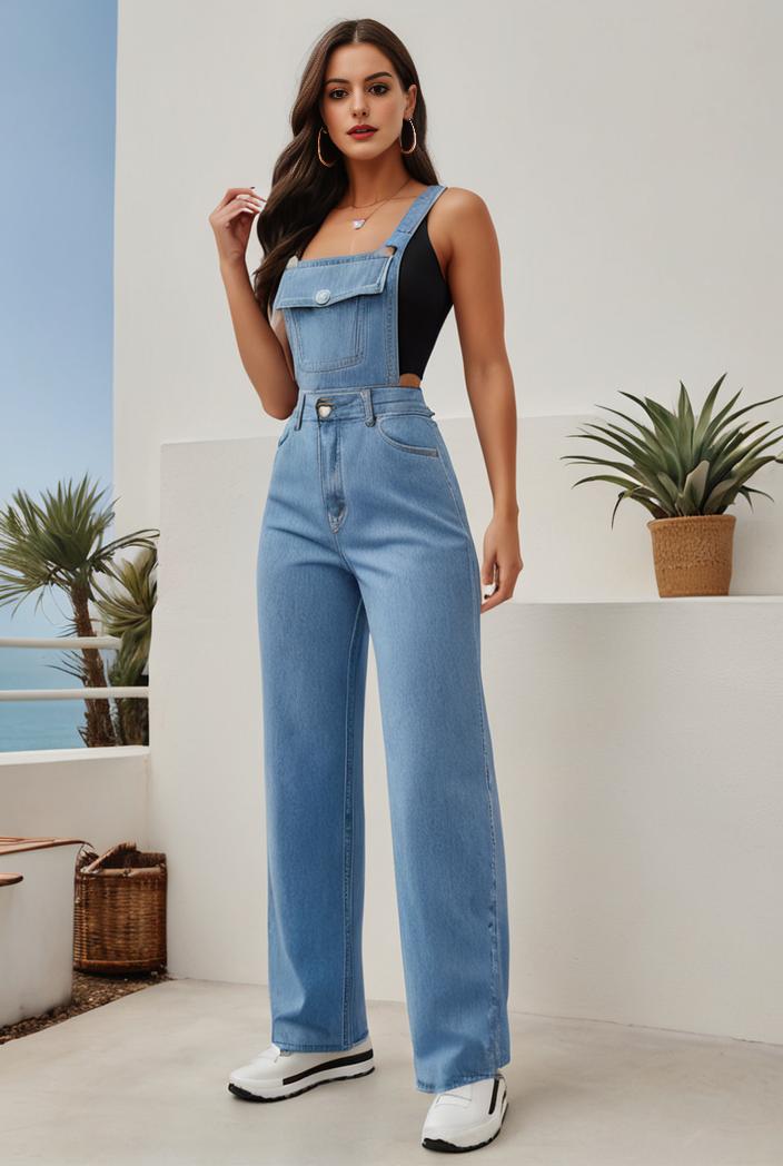 relaxed fit denim jumpsuit with slant pockets non elastic washed denim overalls women s denim apparel 101547