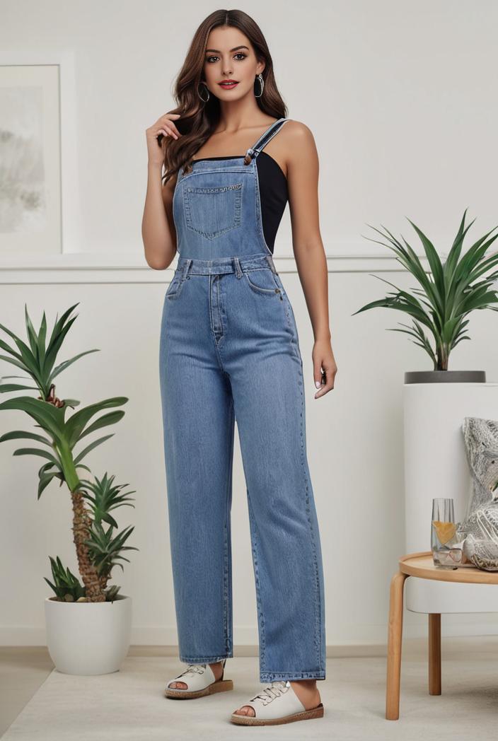 relaxed fit denim jumpsuit with slant pockets non elastic washed denim overalls women s denim apparel 101550
