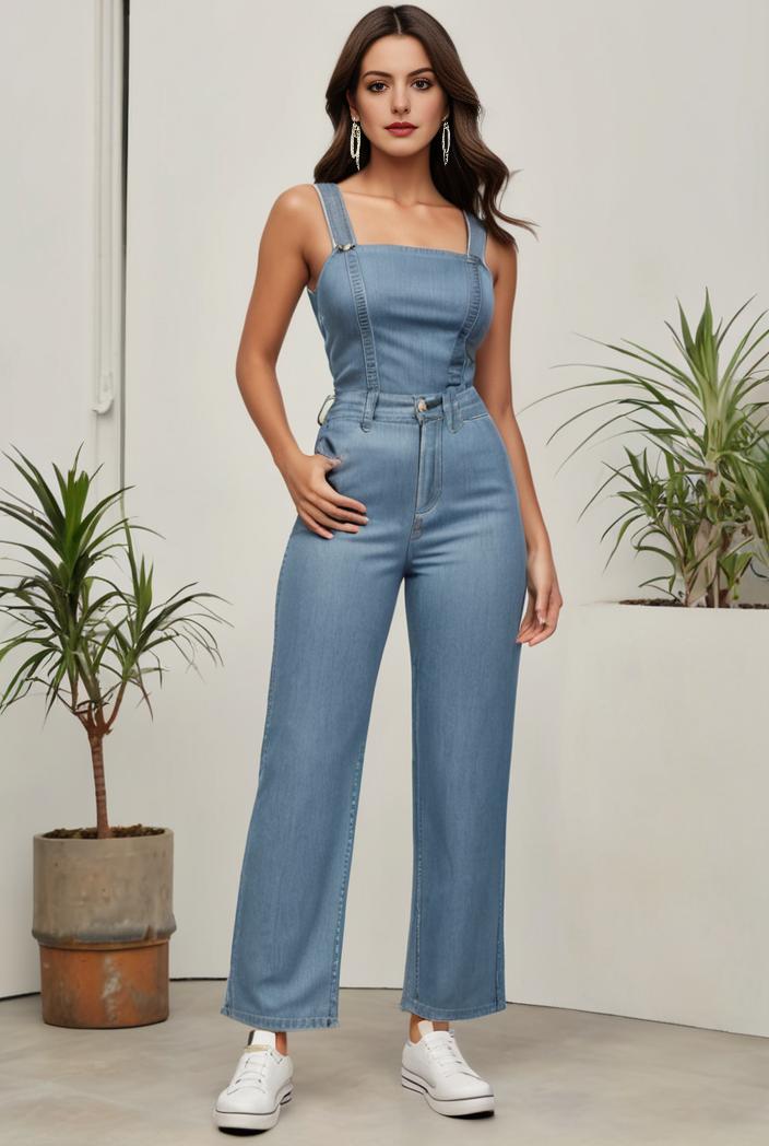 relaxed fit denim jumpsuit with slant pockets non elastic washed denim overalls women s denim apparel 101551