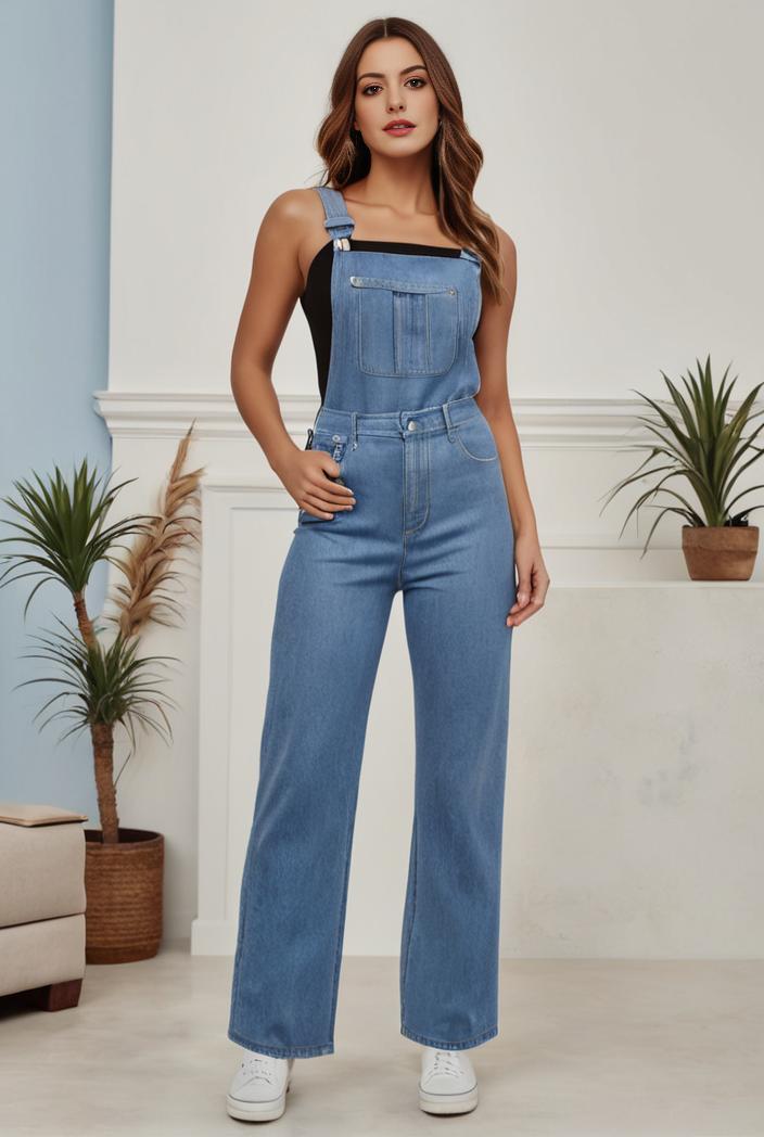 relaxed fit denim jumpsuit with slant pockets non elastic washed denim overalls women s denim apparel 101555