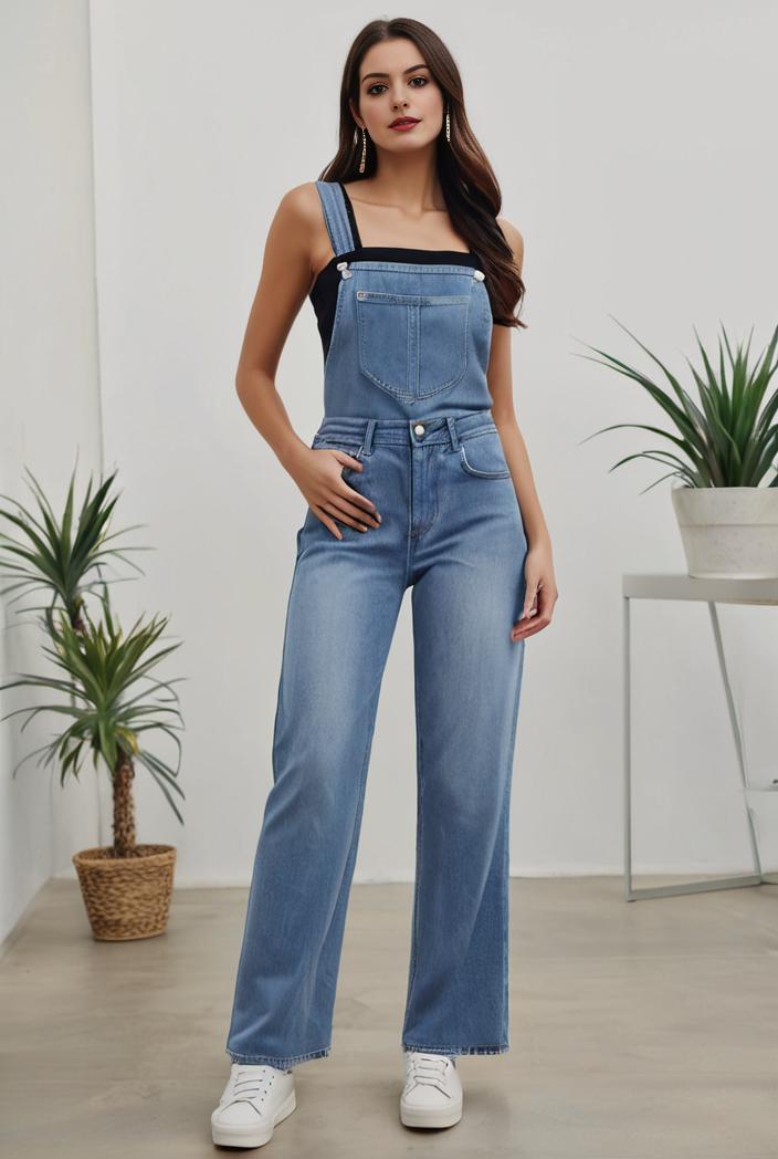 relaxed fit denim jumpsuit with slant pockets non elastic washed denim overalls women s denim apparel 101558