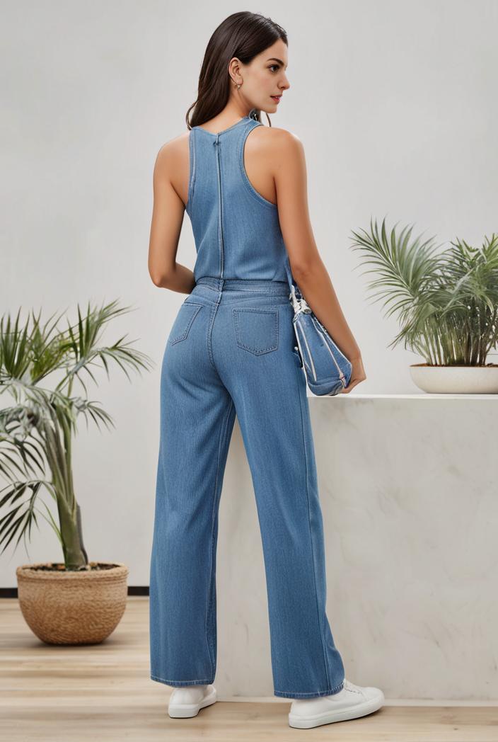 relaxed fit denim jumpsuit with slant pockets non elastic washed denim overalls women s denim apparel 101561