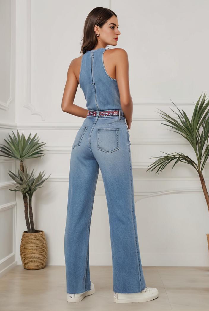 relaxed fit denim jumpsuit with slant pockets non elastic washed denim overalls women s denim apparel 101651