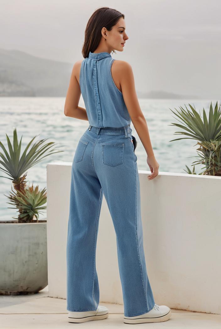 relaxed fit denim jumpsuit with slant pockets non elastic washed denim overalls women s denim apparel 101564