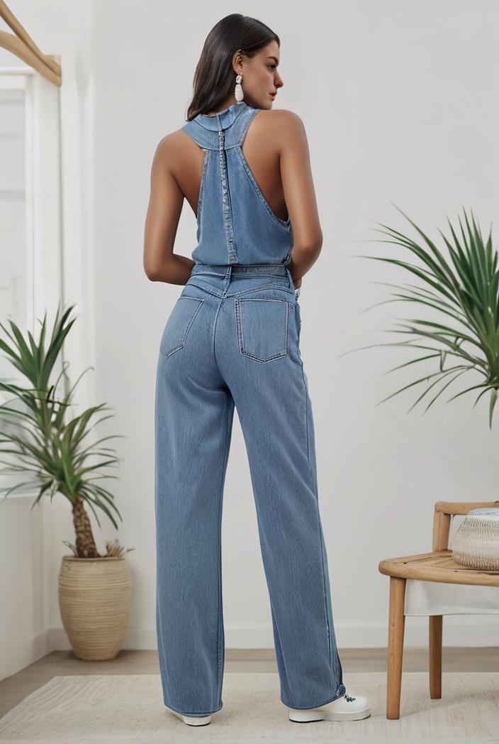 relaxed fit denim jumpsuit with slant pockets non elastic washed denim overalls women s denim apparel 101565