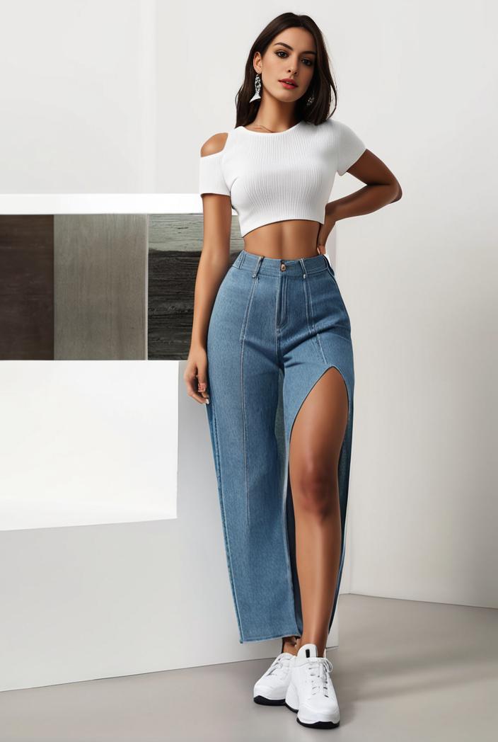 split thigh casual denim midi skirt with slant pockets 108059