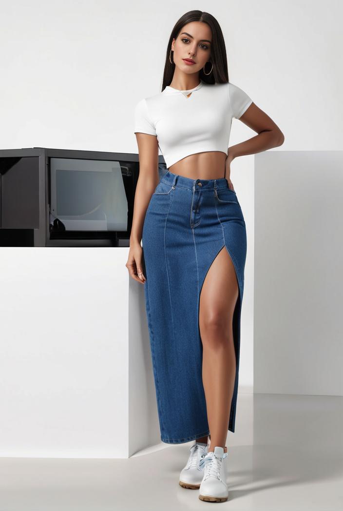 split thigh casual denim midi skirt with slant pockets 108061
