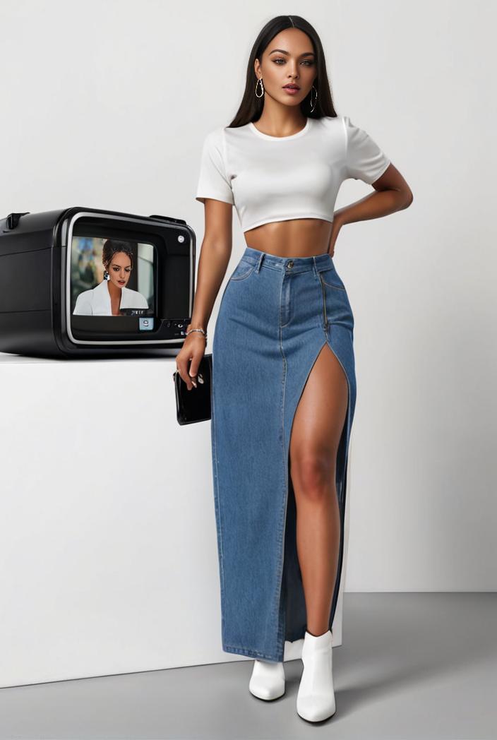 split thigh casual denim midi skirt with slant pockets 108063