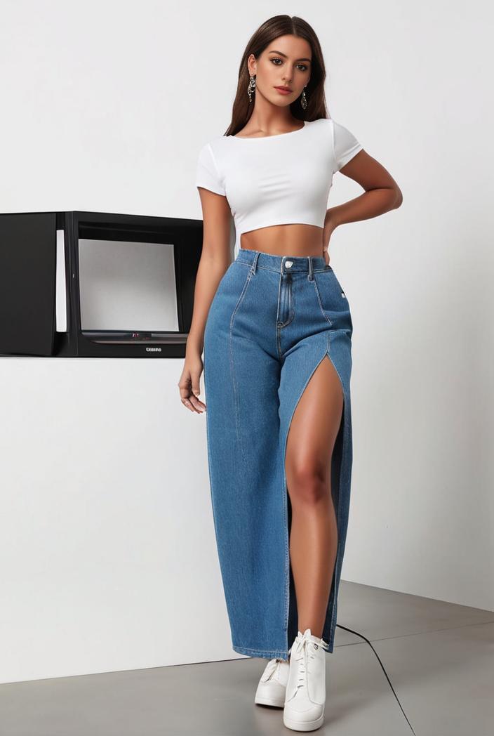 split thigh casual denim midi skirt with slant pockets 108064