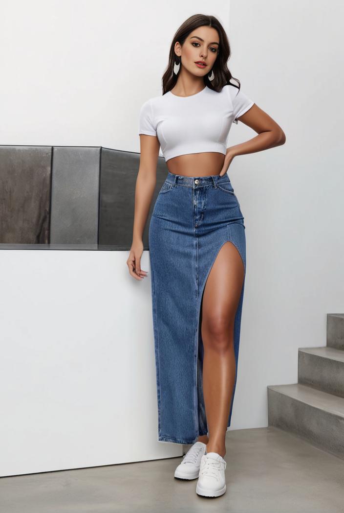 split thigh casual denim midi skirt with slant pockets 108066