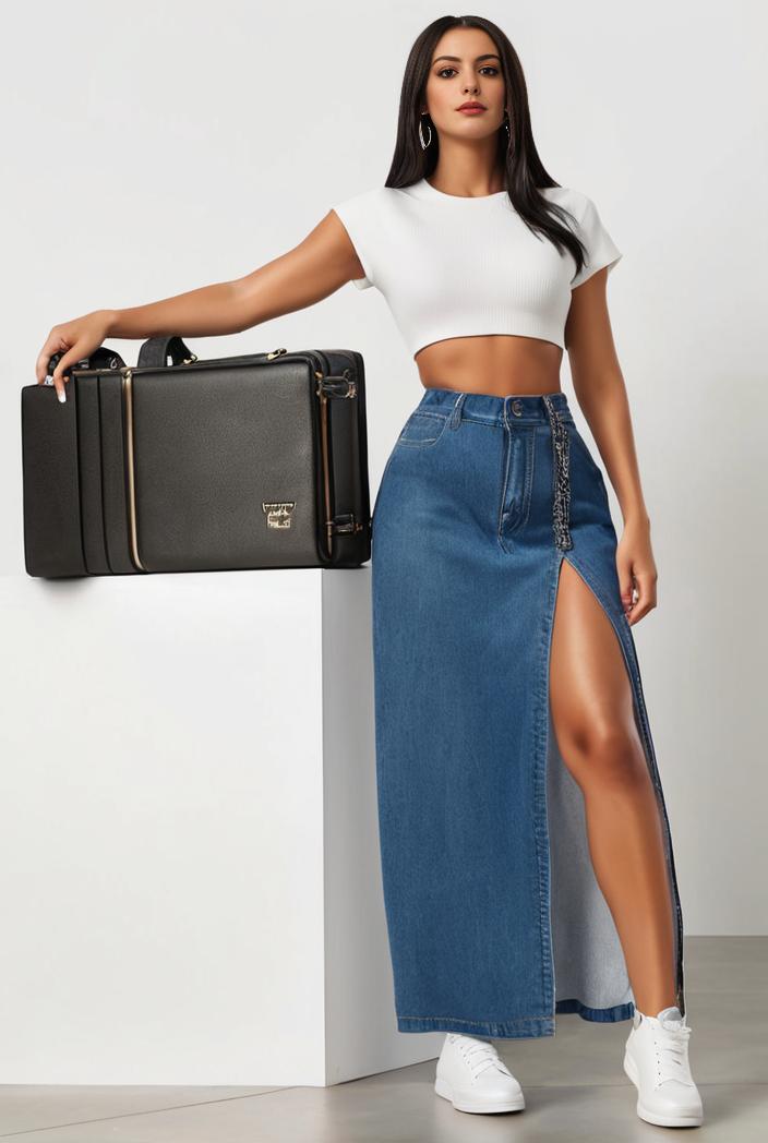 split thigh casual denim midi skirt with slant pockets 108067
