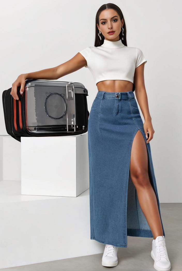 split thigh casual denim midi skirt with slant pockets 108068