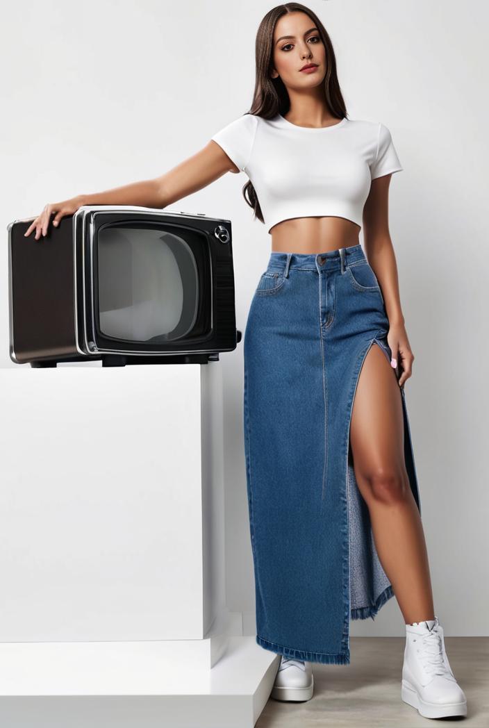 split thigh casual denim midi skirt with slant pockets 108069