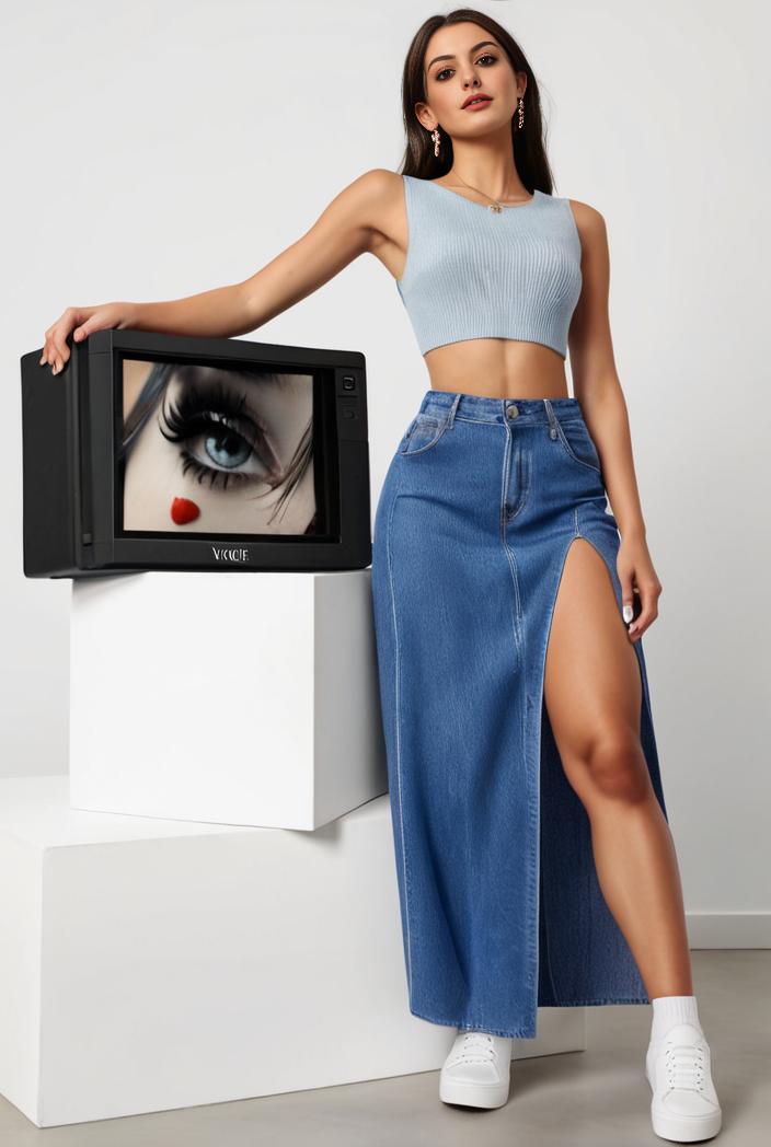 split thigh casual denim midi skirt with slant pockets 108070