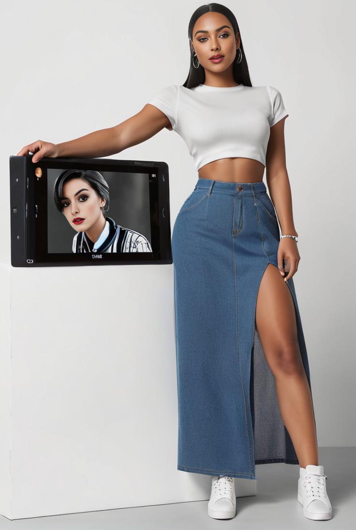 split thigh casual denim midi skirt with slant pockets 108071