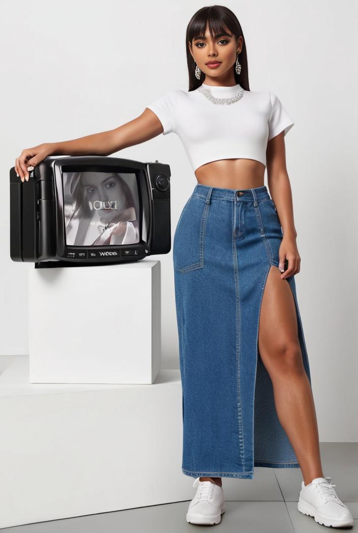 split thigh casual denim midi skirt with slant pockets 108072