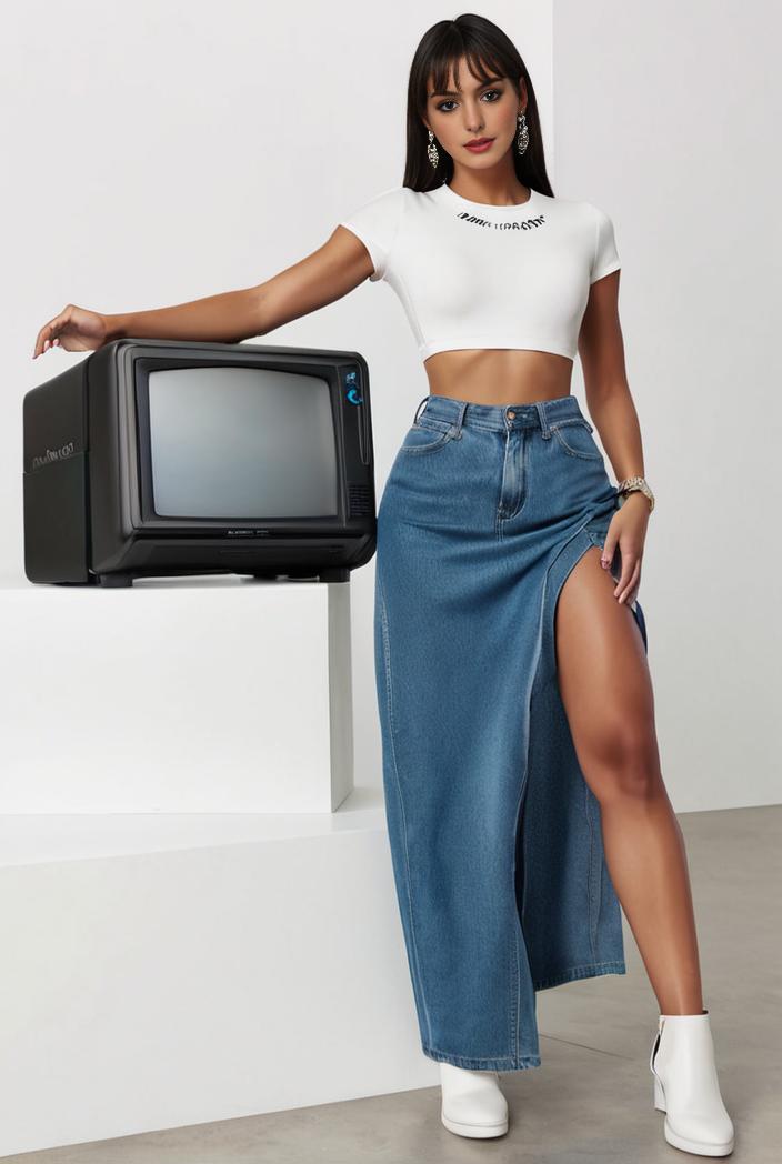 split thigh casual denim midi skirt with slant pockets 108073