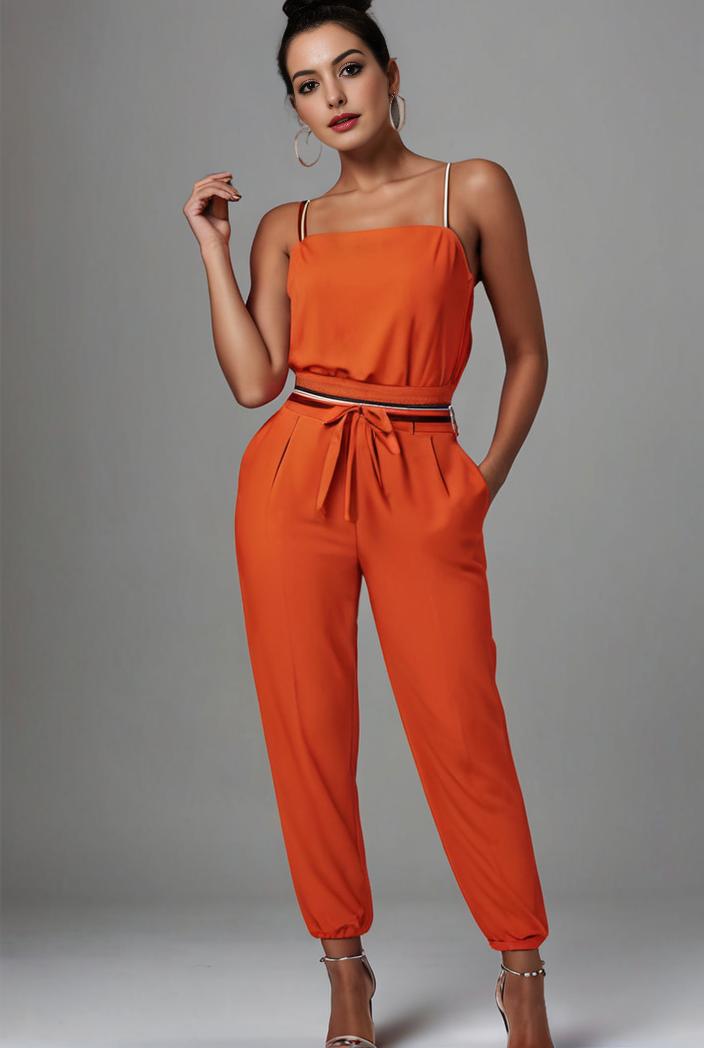 stylish sleeveless jumpsuit with tie waist and flap pockets for women 108836
