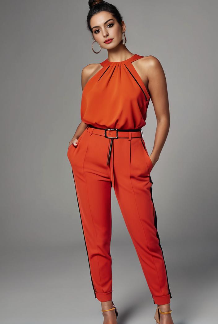 stylish sleeveless jumpsuit with tie waist and flap pockets for women 108838