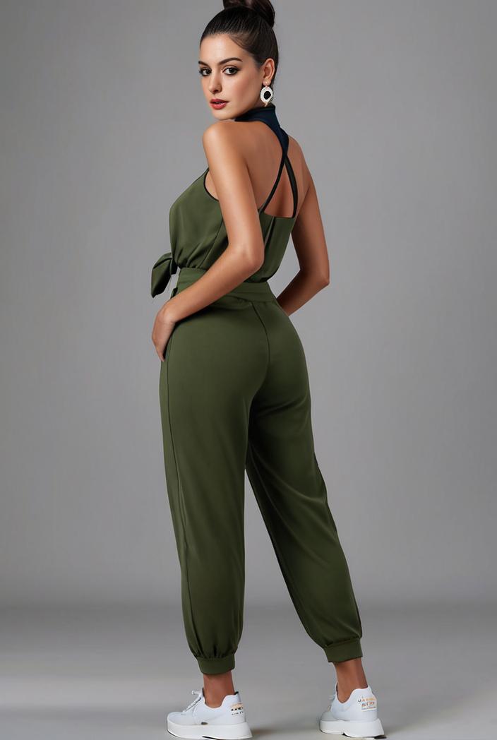 stylish sleeveless jumpsuit with tie waist and flap pockets for women 108861