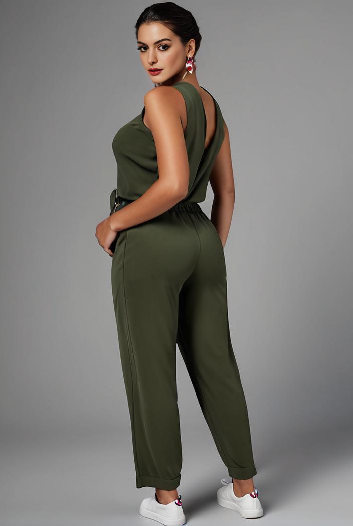 stylish sleeveless jumpsuit with tie waist and flap pockets for women 108862