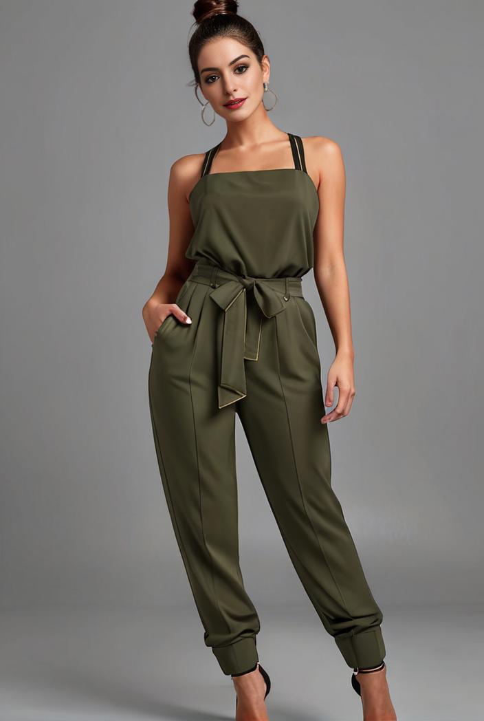 stylish sleeveless jumpsuit with tie waist and flap pockets for women 108872