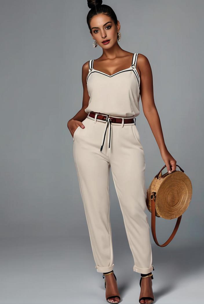 stylish sleeveless jumpsuit with tie waist and flap pockets for women 108878