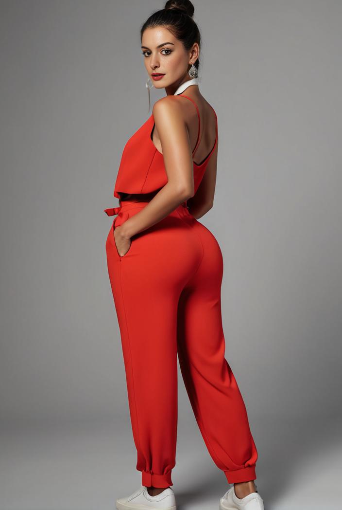 stylish sleeveless jumpsuit with tie waist and flap pockets for women 108886