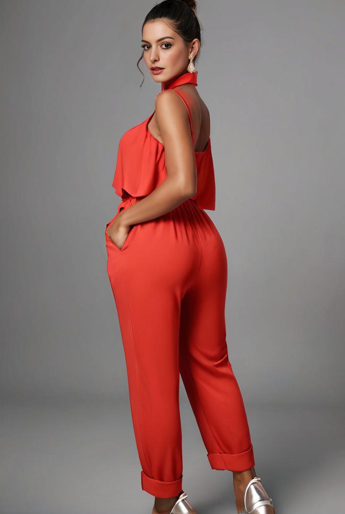 stylish sleeveless jumpsuit with tie waist and flap pockets for women 108888