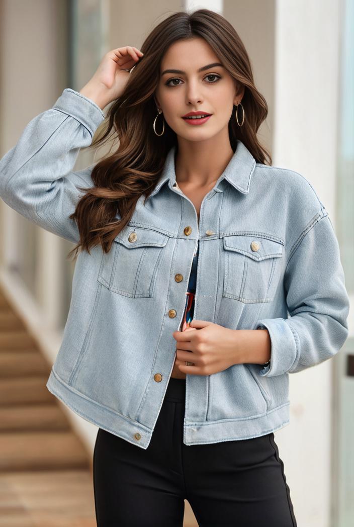 women s distressed blue denim jacket with flap pockets and lapel stylish long sleeve coat 113444
