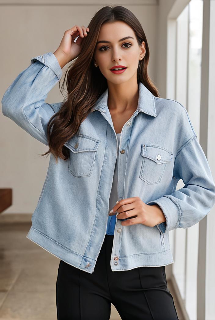 women s distressed blue denim jacket with flap pockets and lapel stylish long sleeve coat 113445