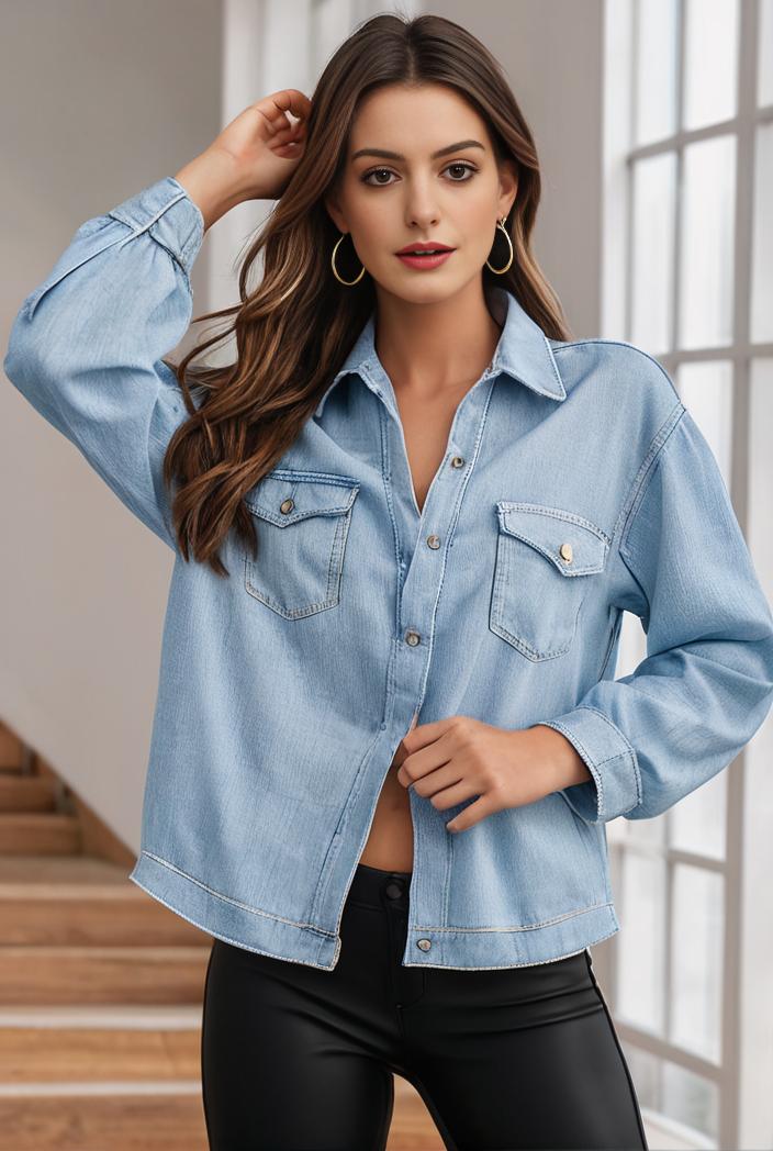 women s distressed blue denim jacket with flap pockets and lapel stylish long sleeve coat 113446