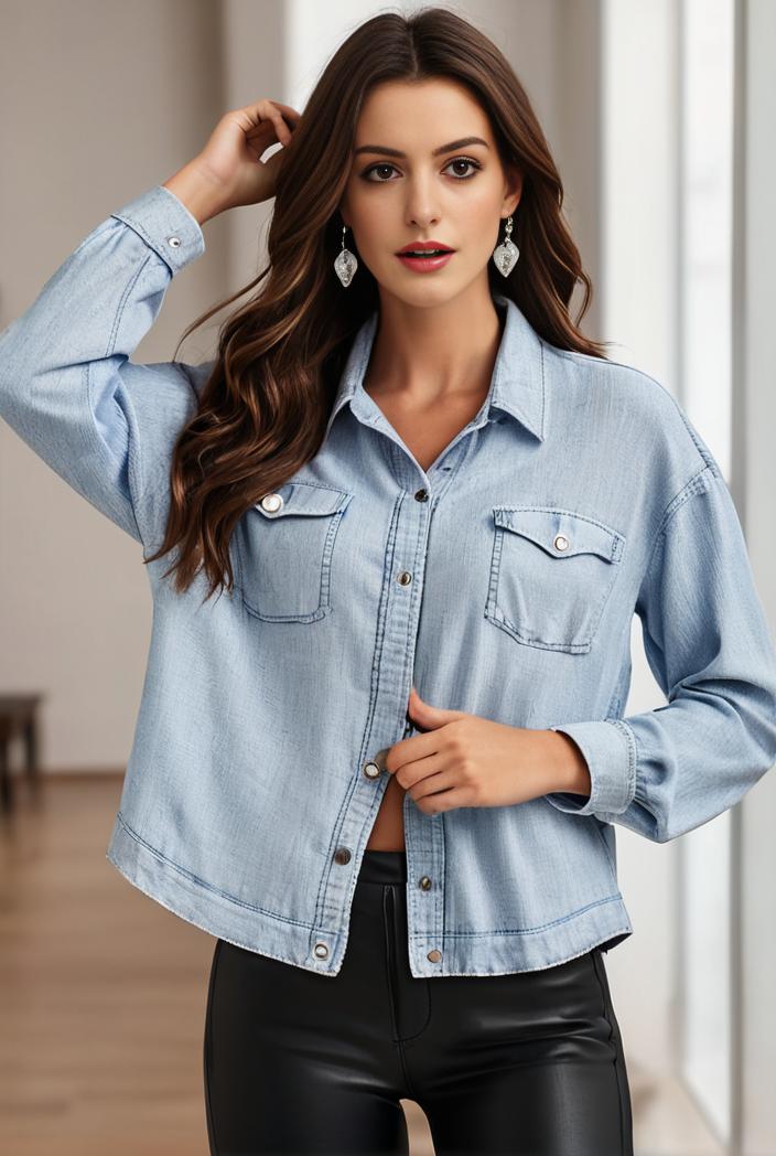women s distressed blue denim jacket with flap pockets and lapel stylish long sleeve coat 113447