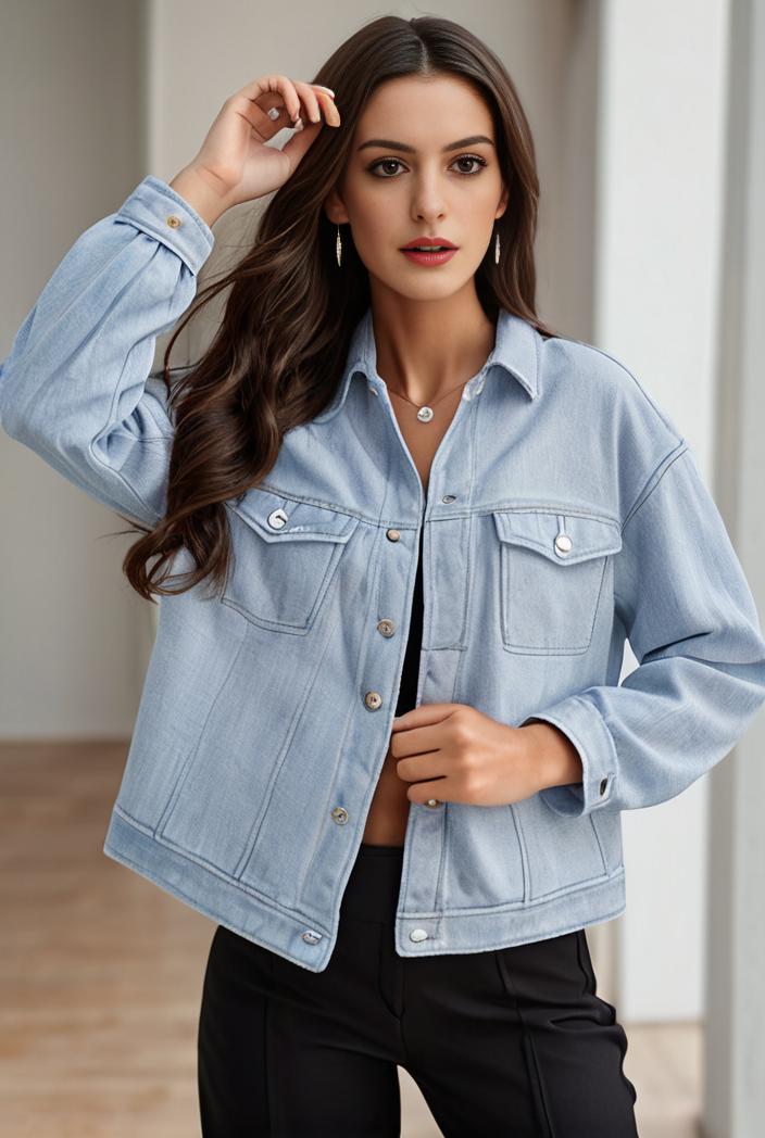 women s distressed blue denim jacket with flap pockets and lapel stylish long sleeve coat 113448