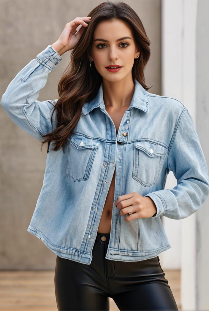 women s distressed blue denim jacket with flap pockets and lapel stylish long sleeve coat 113450