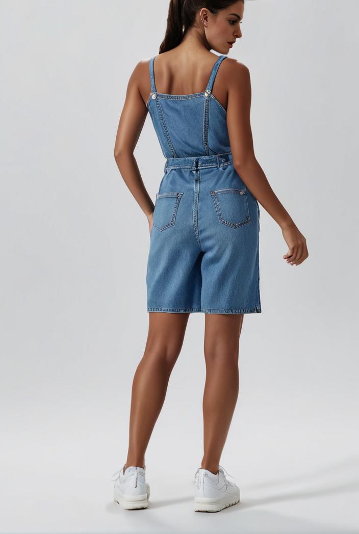 blue denim jumpsuit with distressed ripped details for women 115921