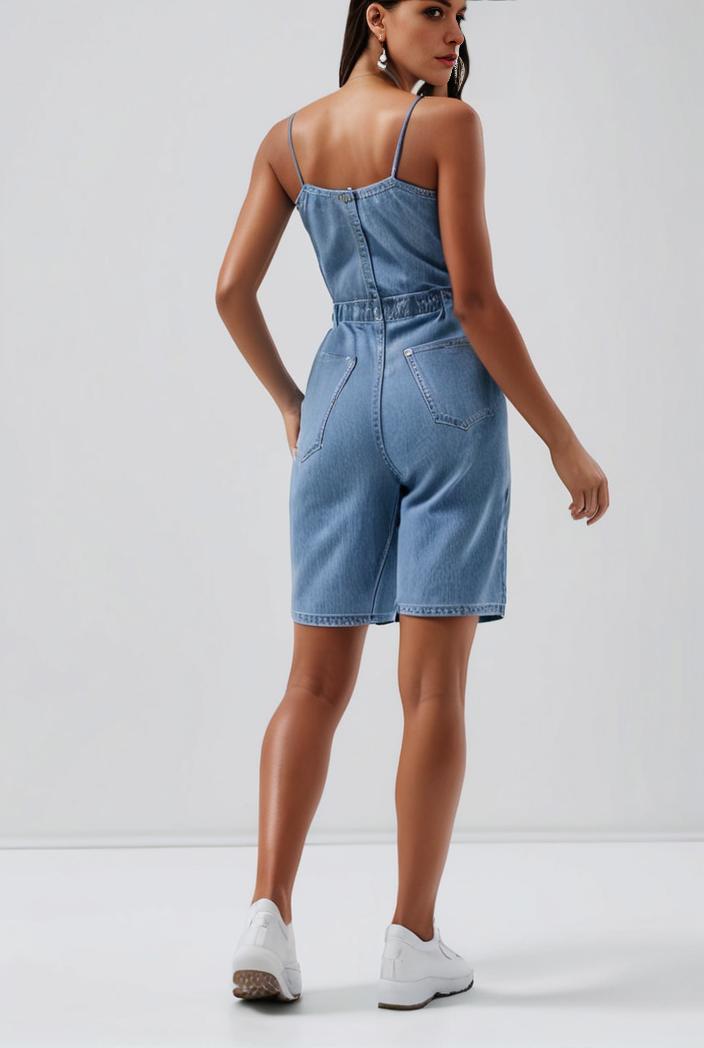 blue denim jumpsuit with distressed ripped details for women 115922